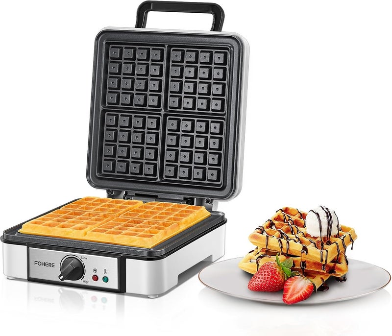 FOHERE Belgian Waffle Maker 4 Slices, 1200W Square Waffle Iron, 5 Browning Levels, Nonstick Plates, Cool-touch Handle, Anti-scald, Anti-overflow, Indicator Lights, Recipe, White (Large) - Image 1